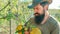 Farmer man on sprin banner. Farmer examining grafting branch in orchard. Gardener work in yard with garden tools and