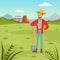 Farmer man standing with shovel, agriculture and farming, rural landscape