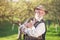 Farmer with milk bottles