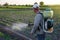 A farmer with a mist fogger sprayer sprays fungicide and pesticide on potato bushes. Protection of cultivated plants from insects