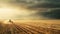 a farmer navigates his tractor across a vast field, operating a large harvesting machine to gather crops under the