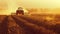 a farmer navigates his tractor across a vast field, operating a large harvesting machine to gather crops under the