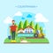 Farmer Near Farm, Field Farmland Countryside Landscape Flat Vector