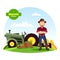 Farmer near vegetables on farm and tractor