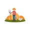 Farmer with pitchfork and bucket. Chicken walking on green meadow. Heaps of hay on background. Man in shirt, pants and