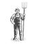 Farmer with pitchfork sketch. Farming, farming concept. Vintage vector illustration