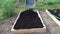 Farmer pouring black soil humus from wheelbarrow to new wooden raised  bed