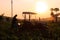 Farmer preparing and spraying pesticides on field