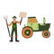 Farmer protests next to tractor. Vector hand drawn