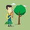 Farmer with pruner in garden vector illustration.