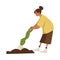 Farmer pulling out root crops from a bed, flat vector illustration isolated.