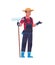 Farmer with rake. Cartoon man holding gardening equipment. Isolated standing male wears work uniform and hat