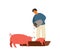 Farmer, rancher man feeding pig with vegetables. Piglet eating from wooden trough. Agricultural worker with domestic