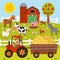 farmer rides a tractor and farm animals stand in the barnyard