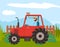 Farmer rides tractor. Rural fence, lawn, bushes. Agriculture, harvesting. Farming on tractor self-sufficiency