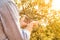 Farmer`s hands control olives on olive tree - agriculture