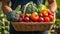 Farmer\\\'s hands holding a basket with fresh sunny day vegetables harvest, agriculture seasonal