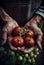 Farmer& x27;s hands holding several ripe tomatoes. AI generated