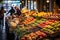 Farmer\\\'s market filled with an abundance of fresh fruits, vegetables, and organic produc.