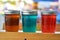 Farmer`s market shelf of homemade jars of jelly artisan made flavors