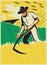 Farmer With Scythe Harvesting Field Retro