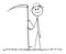 Farmer With Scythe Mowing Grass , Vector Cartoon Stick Figure Illustration