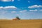 Farmer seeding, sowing crops at field.