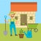 Farmer with shovel or gardener vector illustration with barn, plant, barrow and watering can on green grass. Cartoon