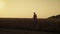 Farmer silhouette examine crop at autumn golden sunset. Rural landscape view.