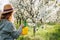 Farmer spraying blooming cherry tree with pesticide or insecticide