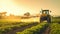 farmer spraying field of vegetables with tractor. Generative Ai