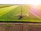 Farmer spraying green wheat field