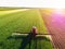 Farmer spraying green wheat field