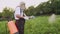 Farmer sprinkles potatoes with electric sprayer from insects