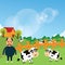 Farmer stand with his farm cow cattle eat grass in green field cartoon vector drawing illustration