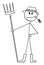 Farmer Standing with Fork Chewing Grass, Vector Cartoon Stick Figure Illustration
