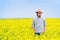 Farmer Standing in Oilseed Rapeseed Cultivated Agricultural Fiel