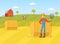 Farmer Standing with Pitchfork on Background of Hay Bale, Agricultural Worker Character in Overalls Moving Hay in