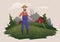 Farmer standing with a pitchfork on the farm. Mountain rural landscape in the background. Ranchman character, vector