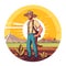 Farmer standing in soybean field examining crop at sunset. Agriculture and farm concept. Cartoon vector illustration. label,