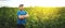 A farmer stands against the background of an agricultural field of sunflowers, selective focus, panorama