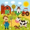 farmer stands in a barnyard with a cow and a dog