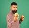 Farmer with strict face holds fresh fruit. Guy presents harvest