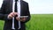 A farmer with a tablet works in a wheat field. Business man checks the quality of grain.