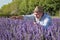 A farmer takes care of lavender bushes. Fields of lavender. portrait of a femer