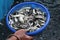 farmer taking indian catla rohu carp fish fingerling babies in basket after fish breeding