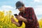 Farmer taking photograph of blooming rapeseed crop with mobile smart phone