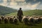 Farmer tending sheep herd in misty green valley. Generative AI