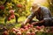 Farmer Tending To Vibrant Orchard Filled With Apple, Peach, And Cherry Trees. Generative AI