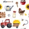 Farmer texture with food,sunflowers,chicken,fence,tractor,bee, shovel